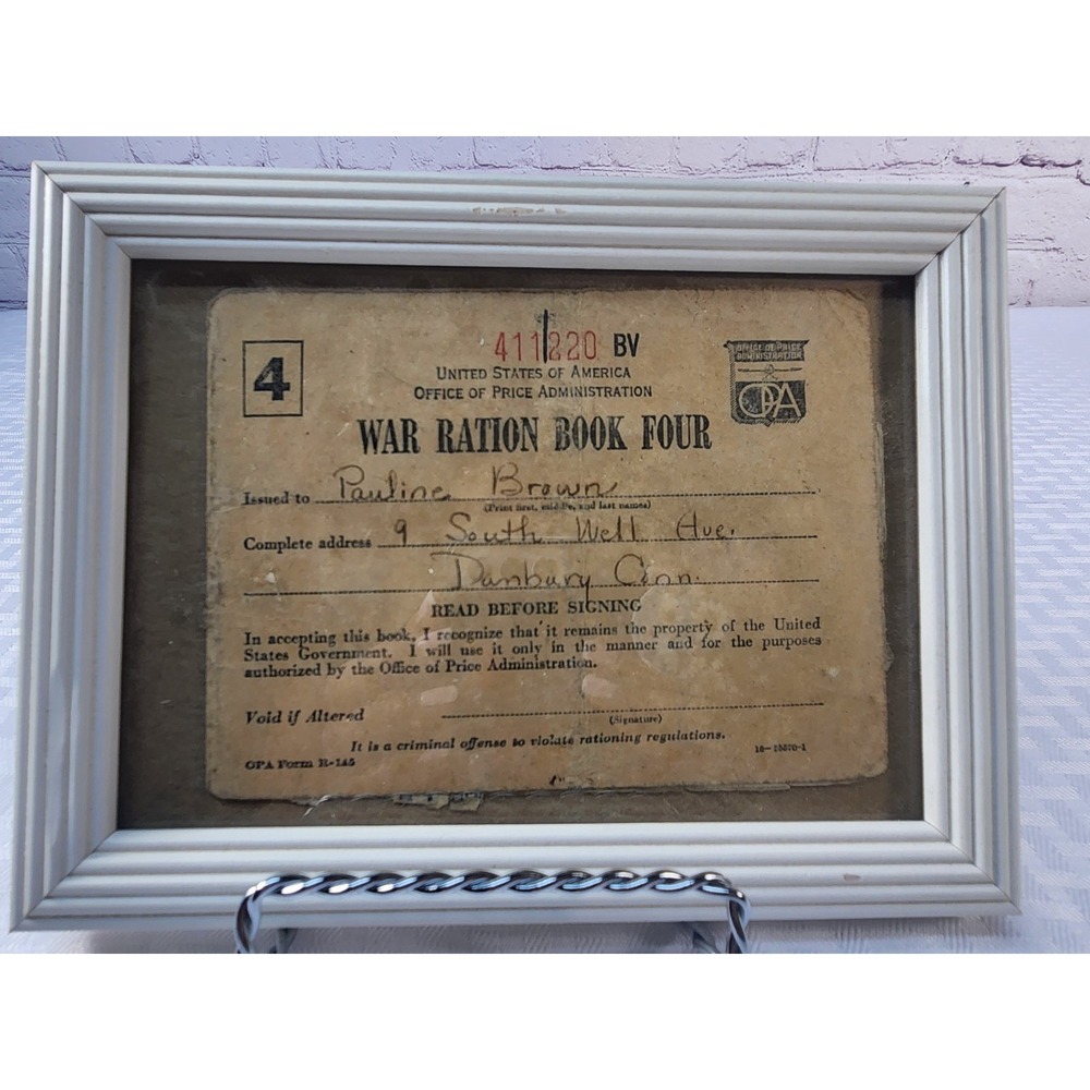 Vintage Framed WWII War Ration Book Four + 4 Pages Of Stamps 1943 OPA Danbury CT
